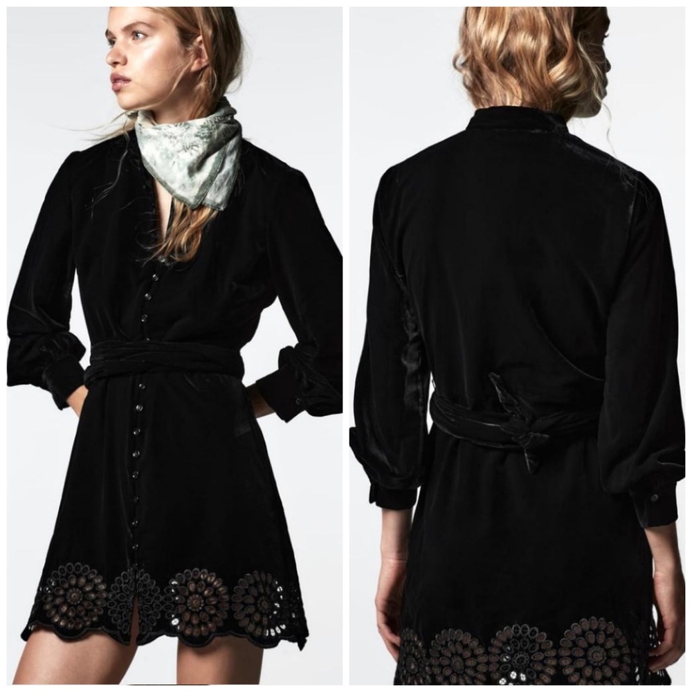 Zara Embroidered Black Velvet Cutout Dress Medium